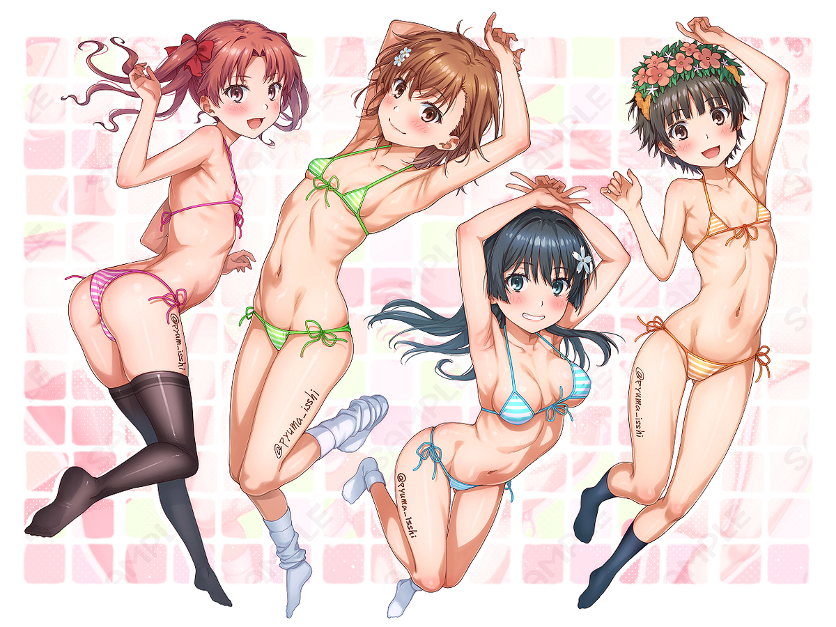 This is a pixiv picture whose title is レールガン四人組で水着お泊まり会.