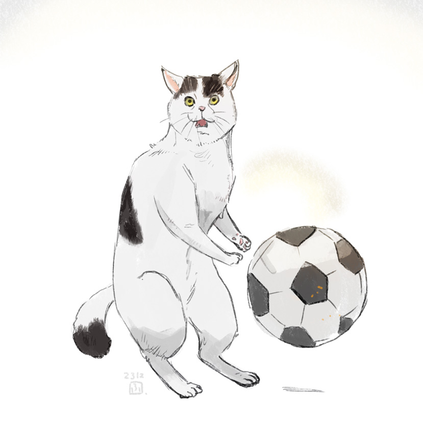 This is a pixiv picture whose title is どうしてもハンドになるサッカー猫.