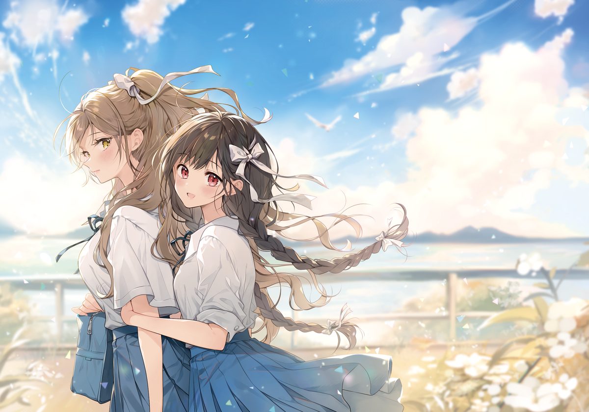 This is a pixiv picture whose title is 青空に白リボン.