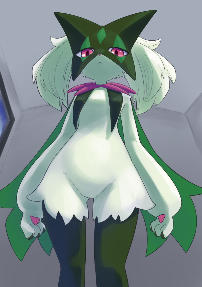This is a pixiv picture whose title is Meowscarada looking down at me.
