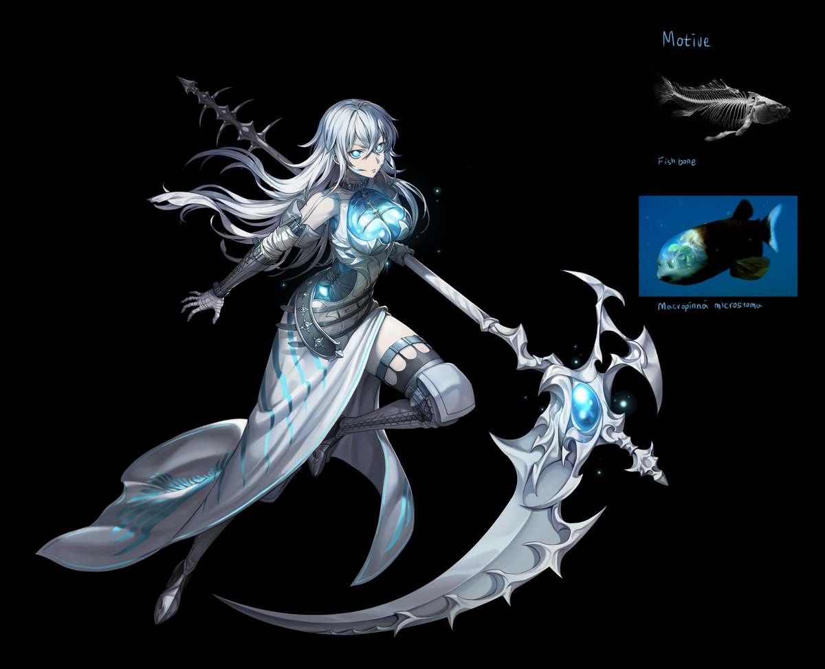 This is a pixiv picture whose title is concept art - 深海魚+魚骨 (男/女).