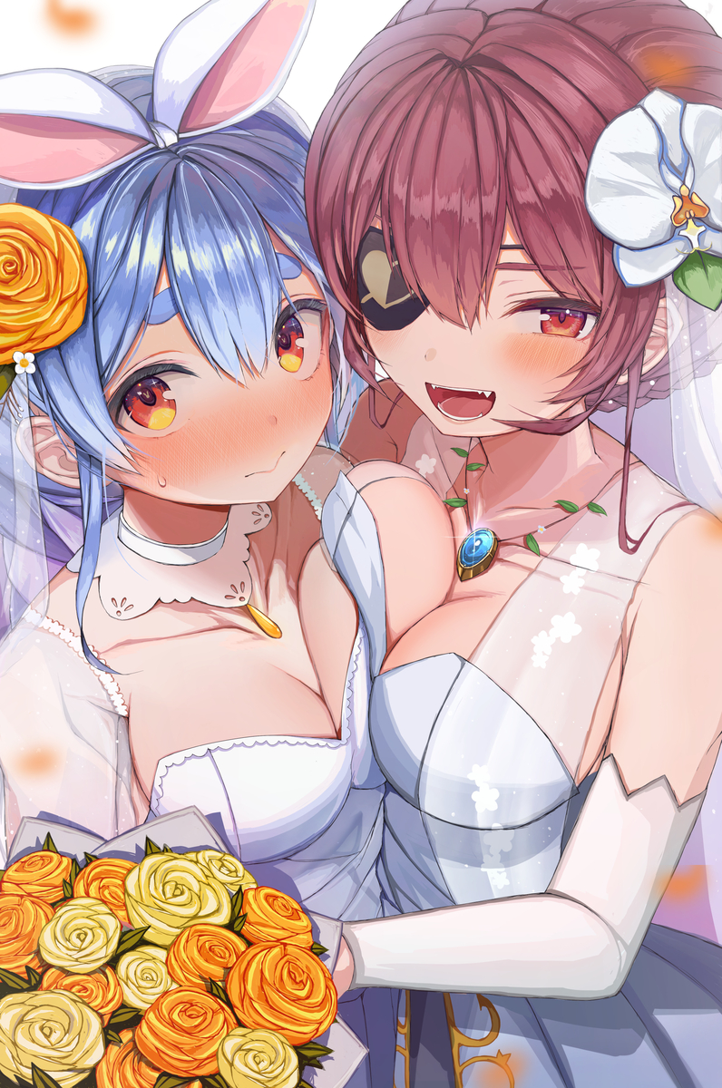 This is a pixiv picture whose title is ぺこマリ結婚！.