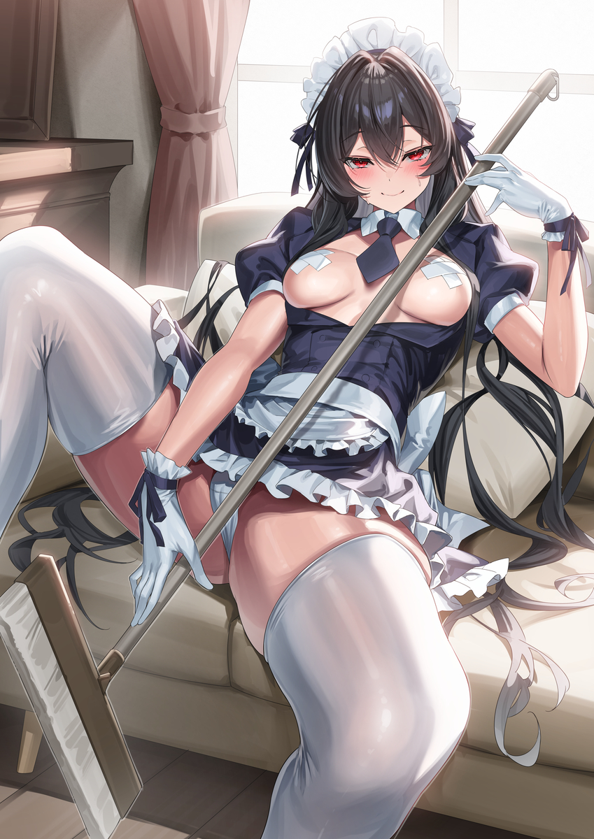 This is a pixiv picture whose title is 黒髪娘　メイド！！.