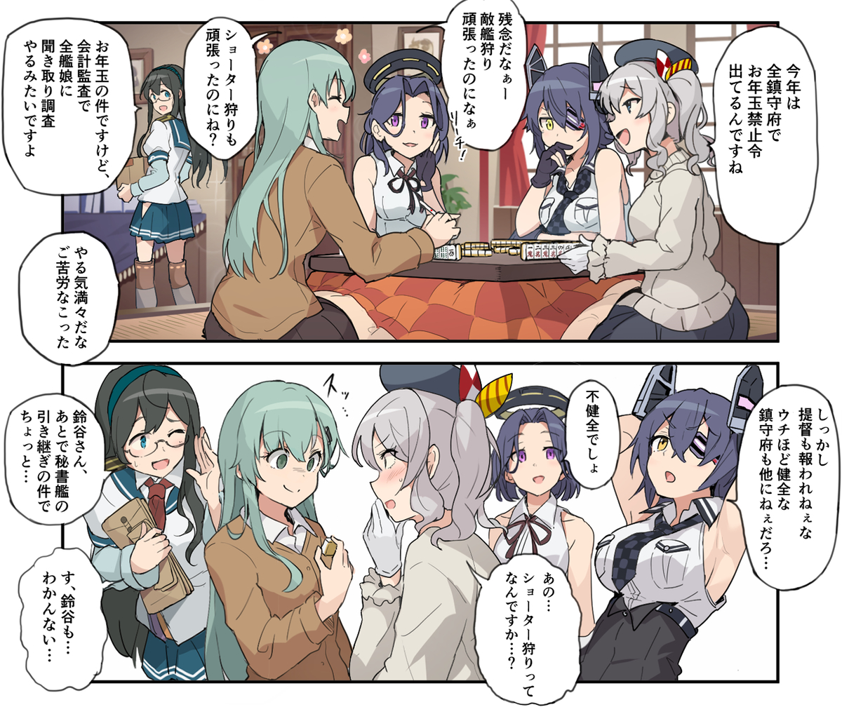This is a pixiv picture whose title is 上層部にお年玉を調べられる鈴谷.