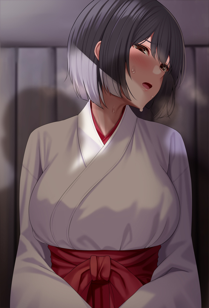 This is a pixiv picture whose title is 神社裏で何でも言うことを聞いてくれる巫女さん.