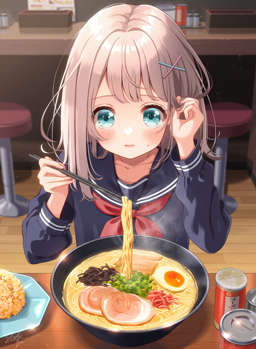 This is a pixiv picture whose title is とんこつラーメンを食べる椎奈ちゃん.