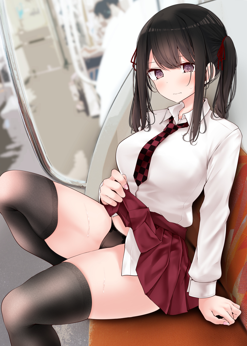 This is a pixiv picture whose title is 通勤電車でぱんつを見せてくる黒髪ツインテJK.