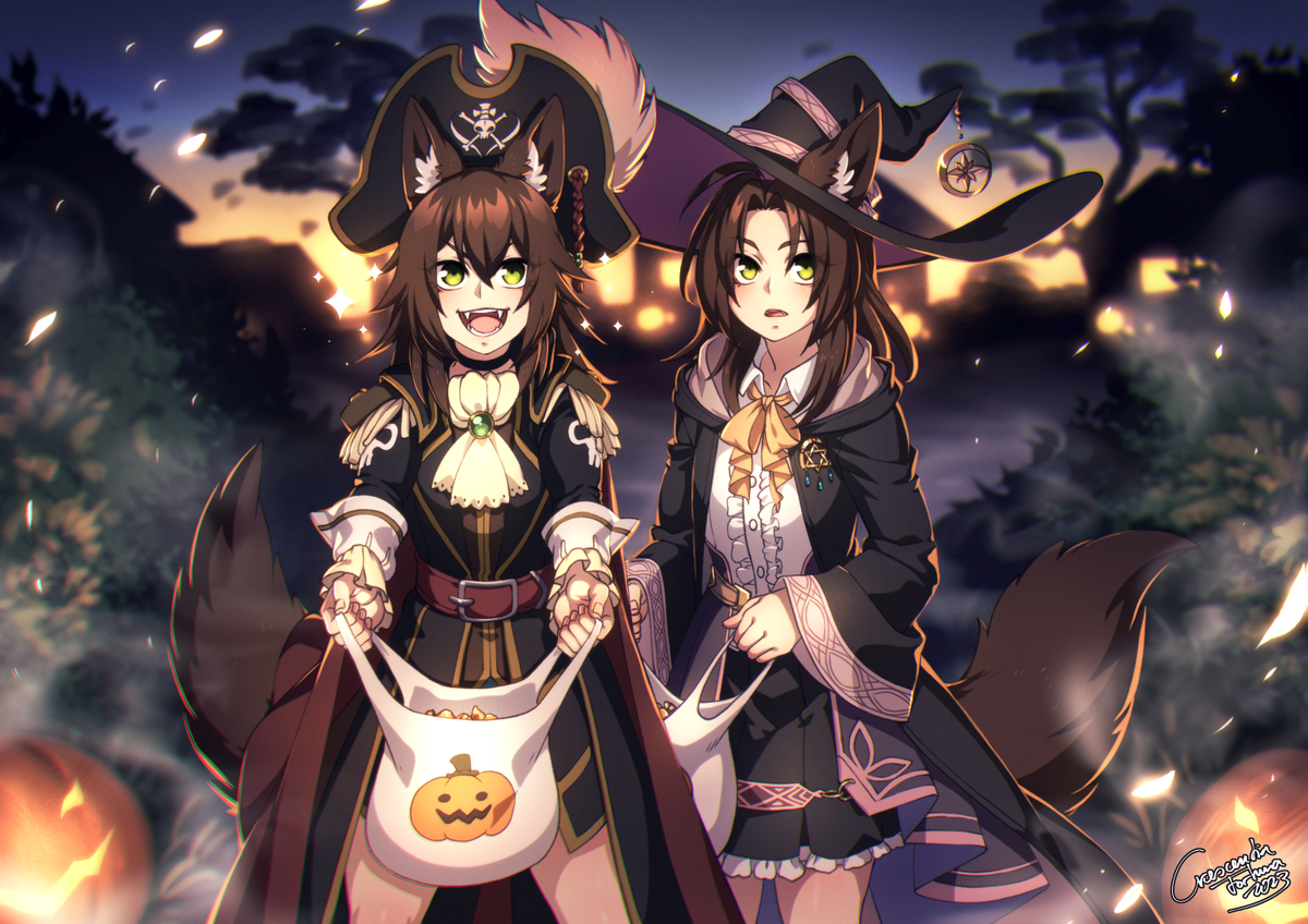 This is a pixiv picture whose title is Two cute floofs trick o' treatin.