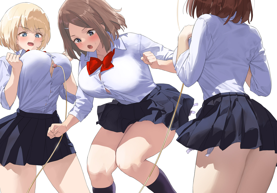 This is a pixiv picture whose title is 縄をおっぱいの谷間に挟んで縄跳びする女子達.