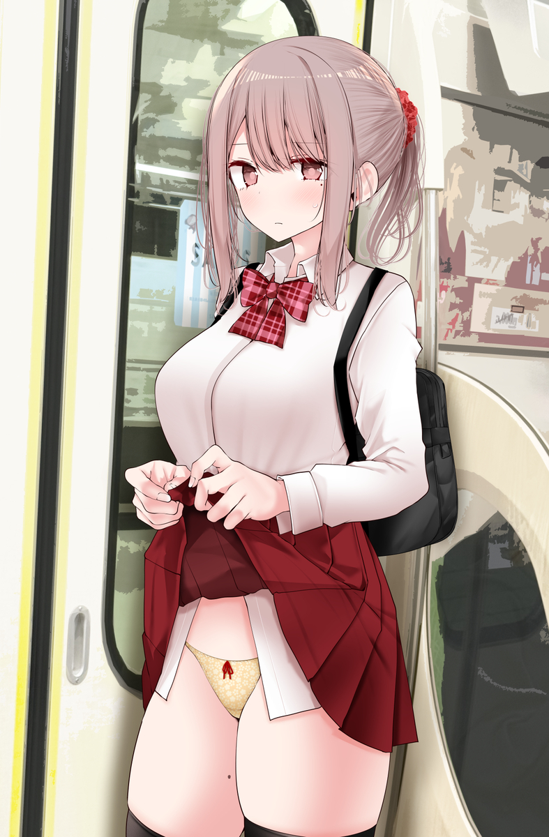 This is a pixiv picture whose title is 通勤電車でぱんつを見せてくるポニテJK.