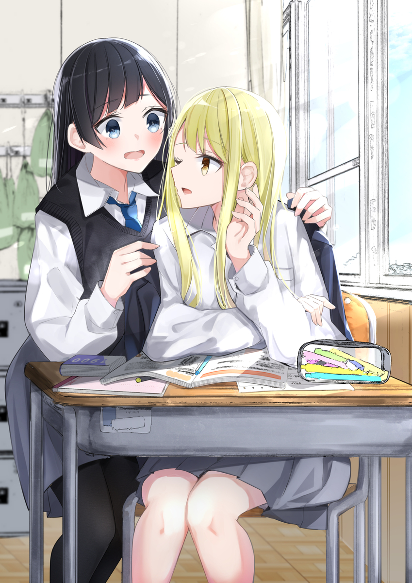 This is a pixiv picture whose title is 【オリジナル】授業後のふたり【留依/咲月】.