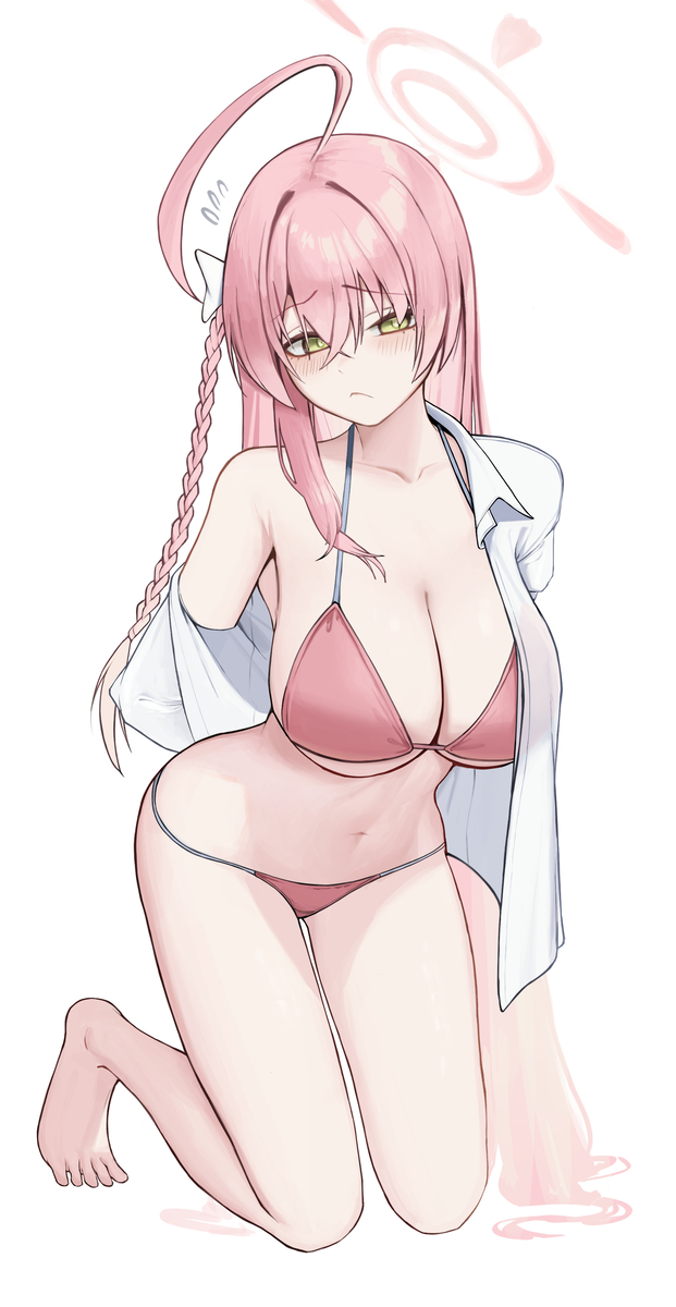 This is a pixiv picture whose title is 「シャツが脱げない...」.