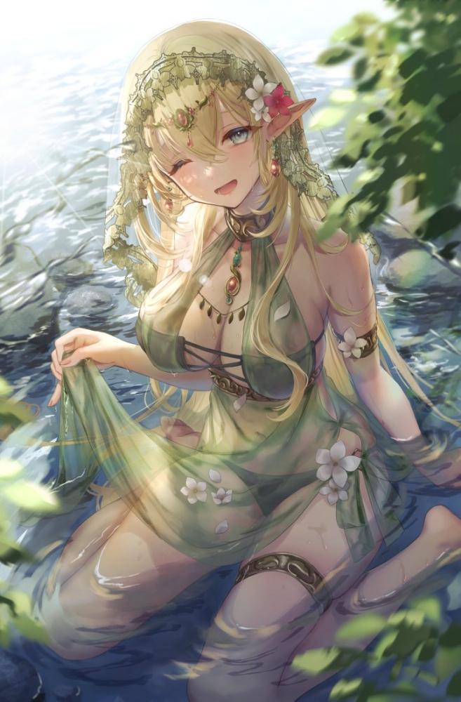This is a pixiv picture whose title is 水浴びエルフ.