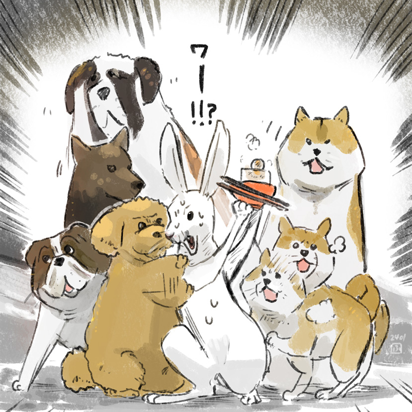 This is a pixiv picture whose title is 月のウサギが餅を食べているところを狙い定めて突如発生する、犬たち.