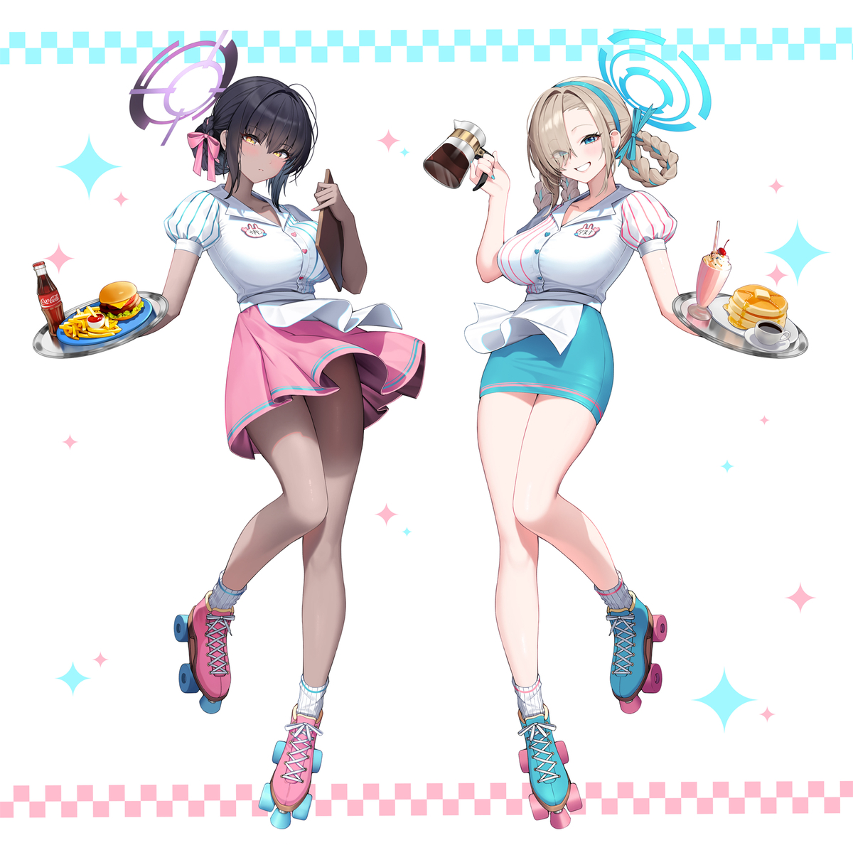 This is a pixiv picture whose title is カリン & アスナ ウエートレス 🍔🍟🥞☕️.