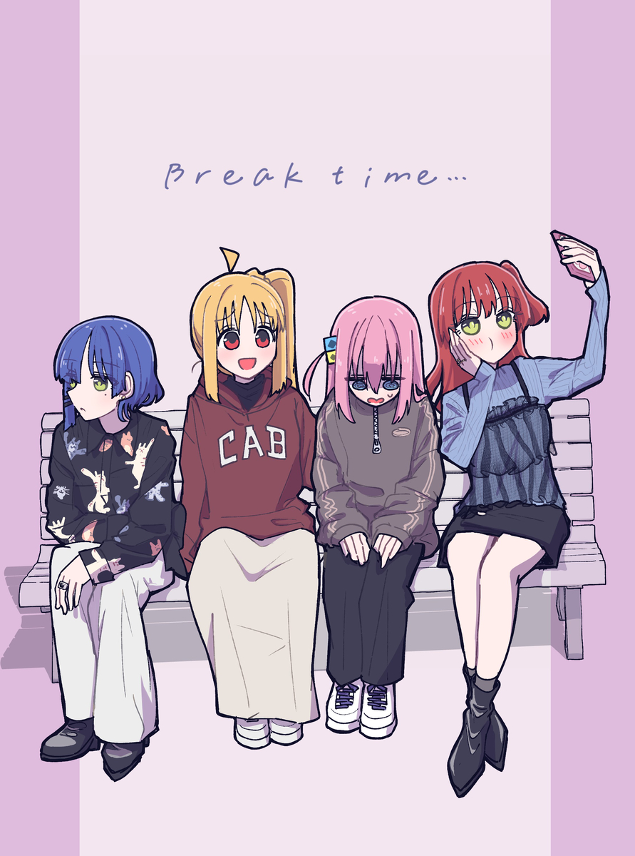 This is a pixiv picture whose title is 休憩中の大学時代結束バンドの皆様.