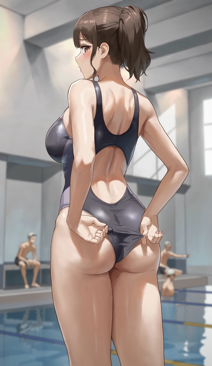 This is a pixiv picture whose title is 男子部員の視線を気にして食い込みを直す水泳部顧問.