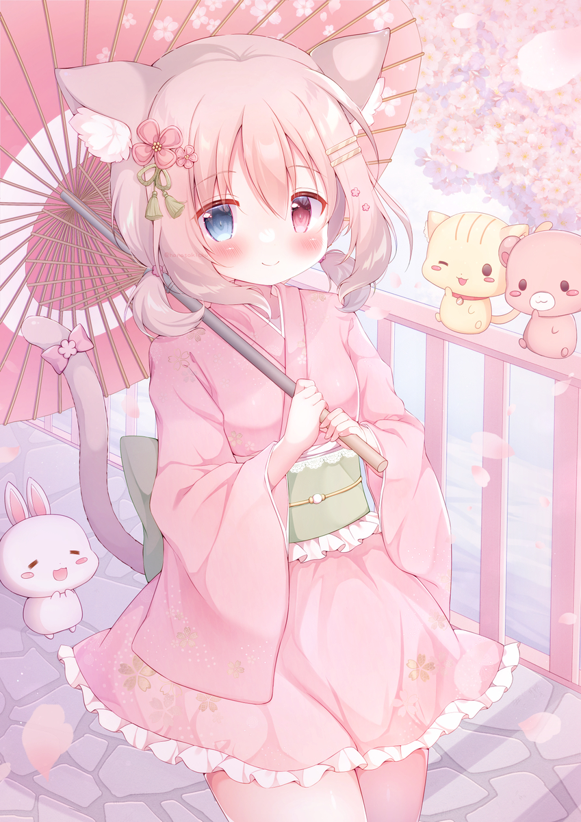 This is a pixiv picture whose title is 春の和服けもみみちゃん🌸.