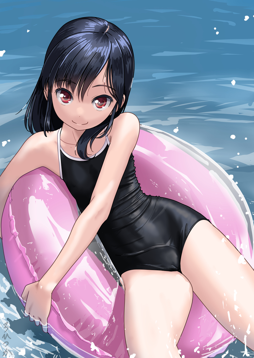 This is a pixiv picture whose title is 浮き輪にスク水娘をトッピング.