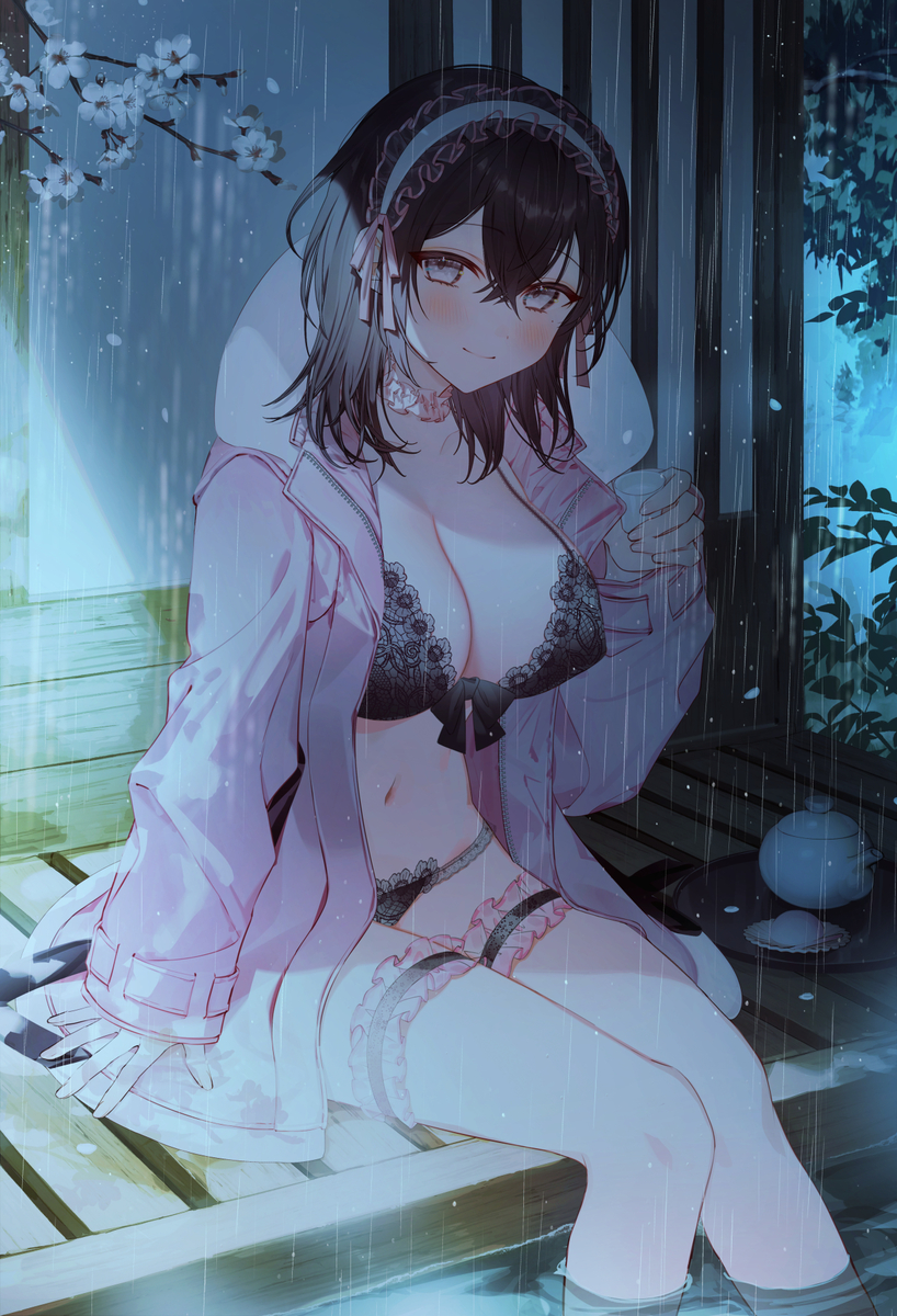 This is a pixiv picture whose title is 野外露出すると必ず雨天ちゃん　in　足湯.