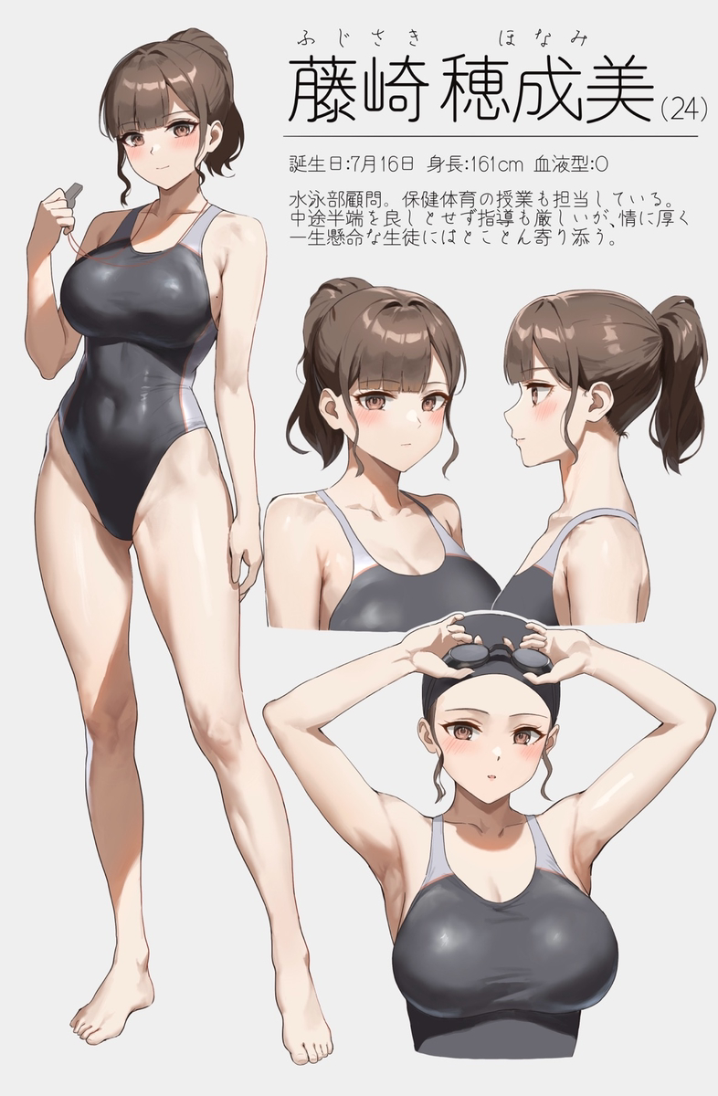 This is a pixiv picture whose title is 水泳部顧問の先生、簡単なキャラ表.