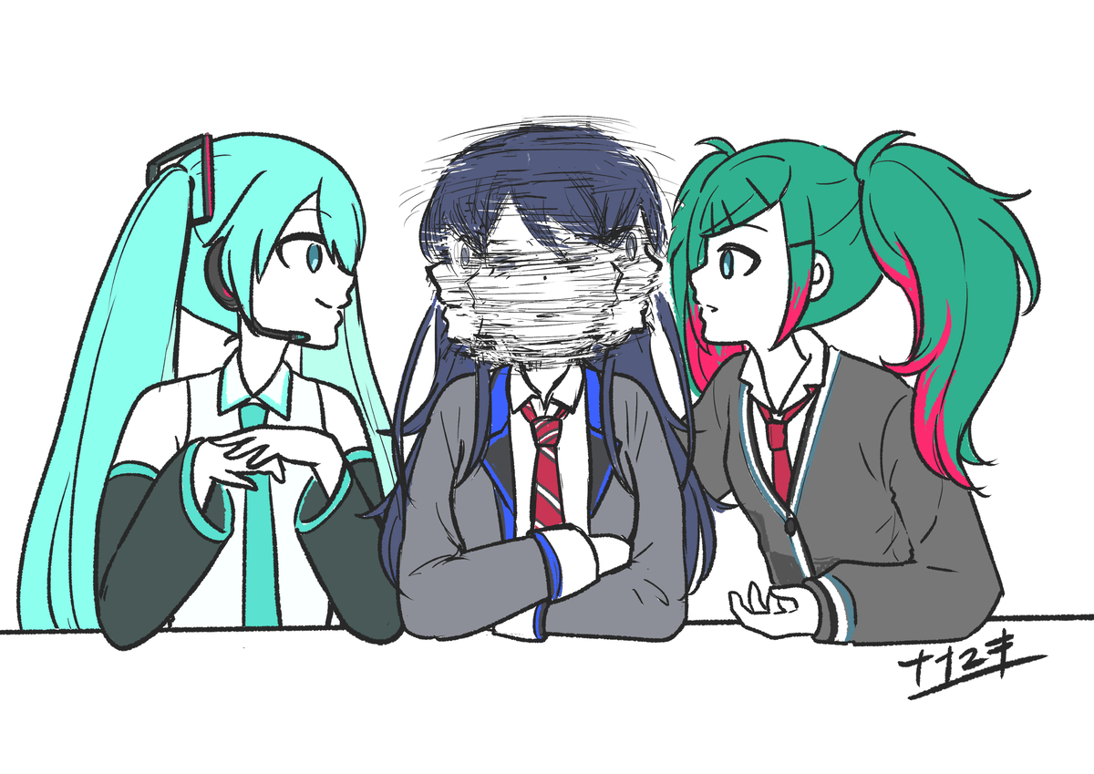 This is a pixiv picture whose title is どっちのミクにするか迷っている一歌ちゃんの絵.
