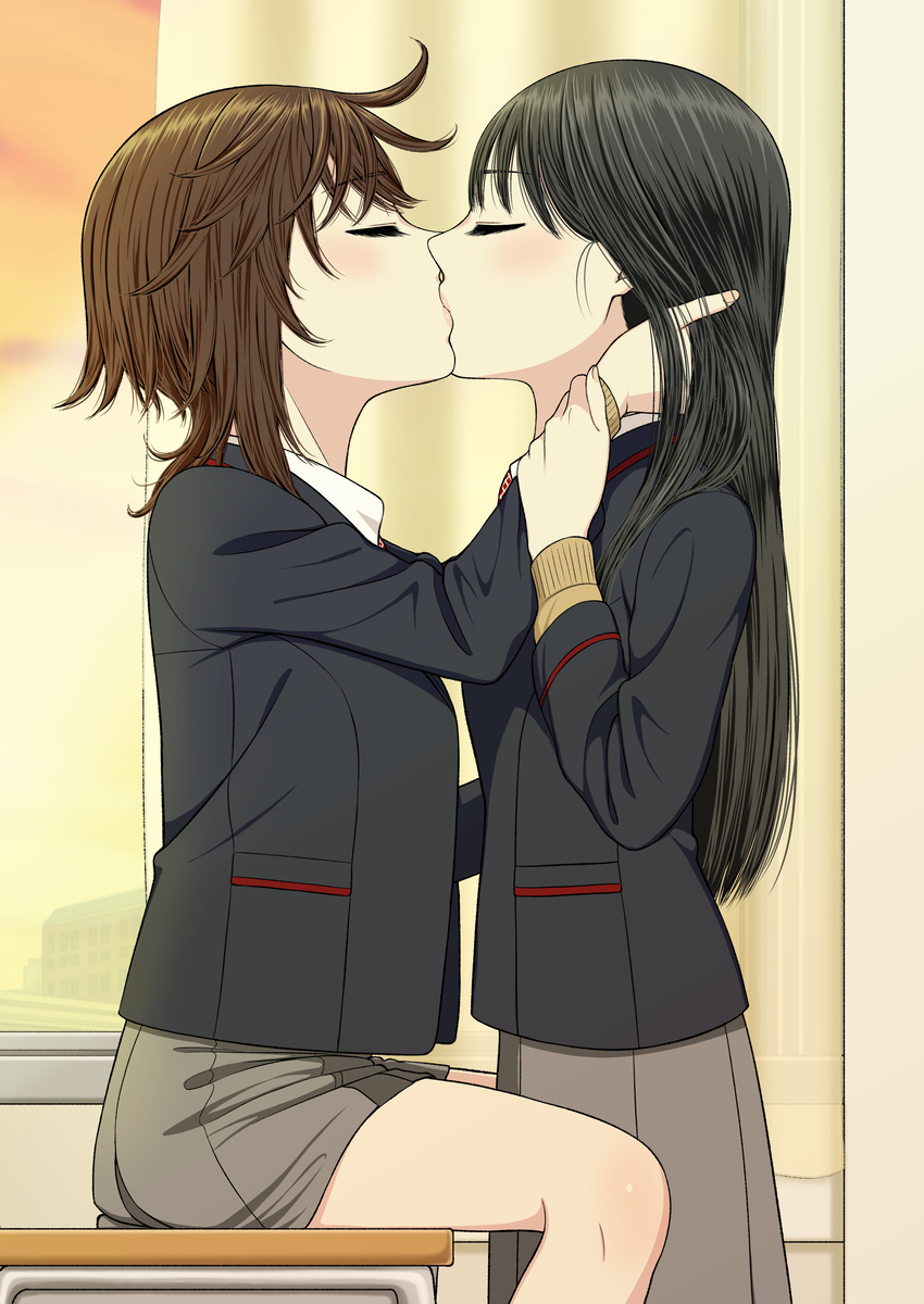 This is a pixiv picture whose title is 【創作百合】教室に誰も居なくなったからキスしよ.
