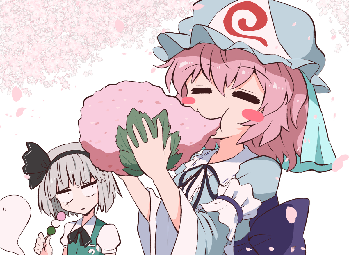 This is a pixiv picture whose title is 特大桜餅を食べる幽々子様.