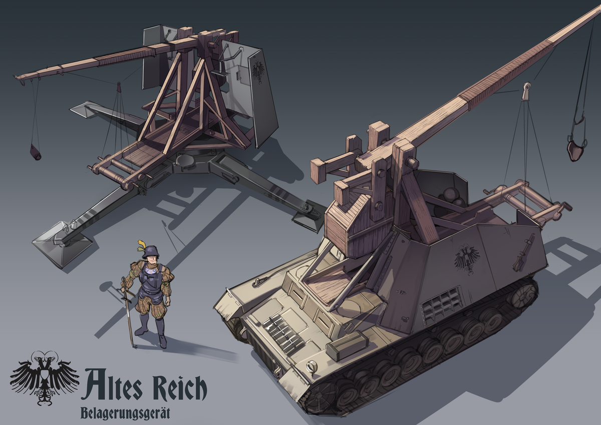 This is a pixiv picture whose title is 対戦車投石機？/trebuchet tank.