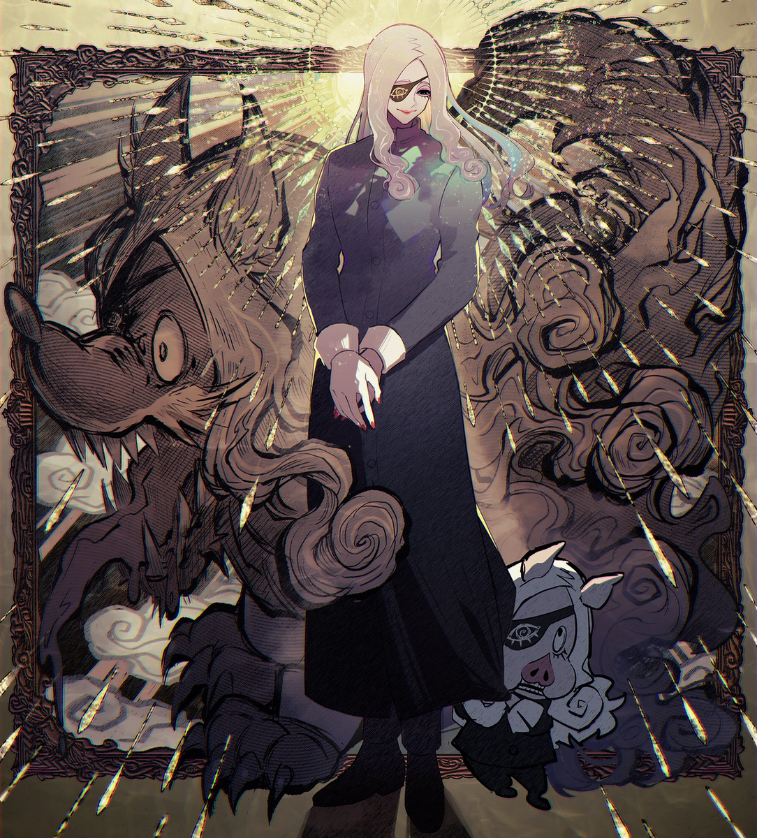 This is a pixiv picture whose title is 豚と狼.