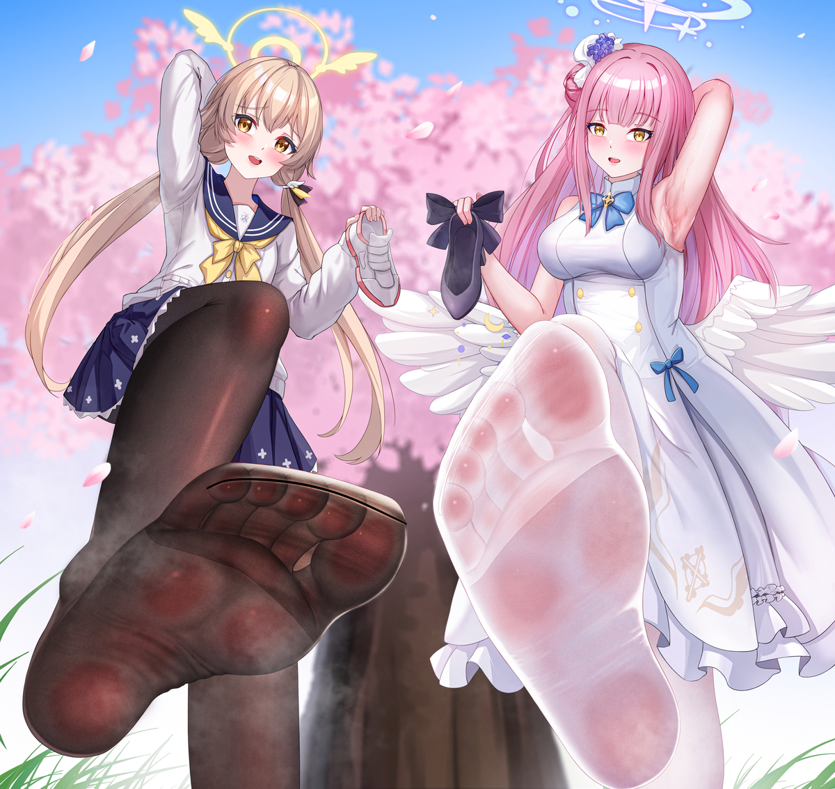 This is a pixiv picture whose title is 白足黒靴×黒足白靴.