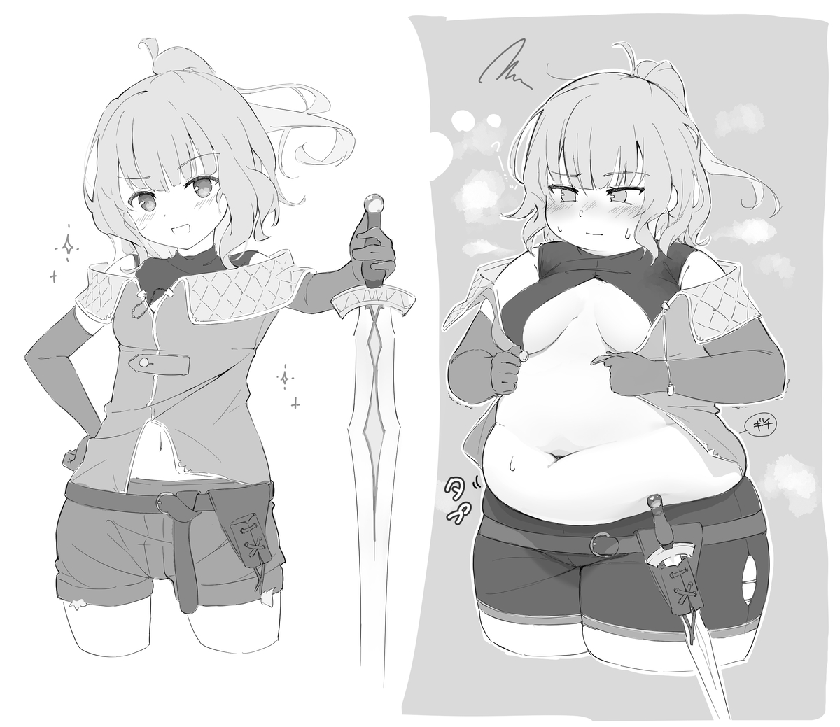 This is a pixiv picture whose title is たぷたぷお腹の女剣士さん.