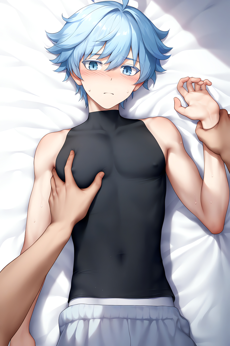 This is a pixiv picture whose title is 重云半身抱枕. Chongyun on bed.