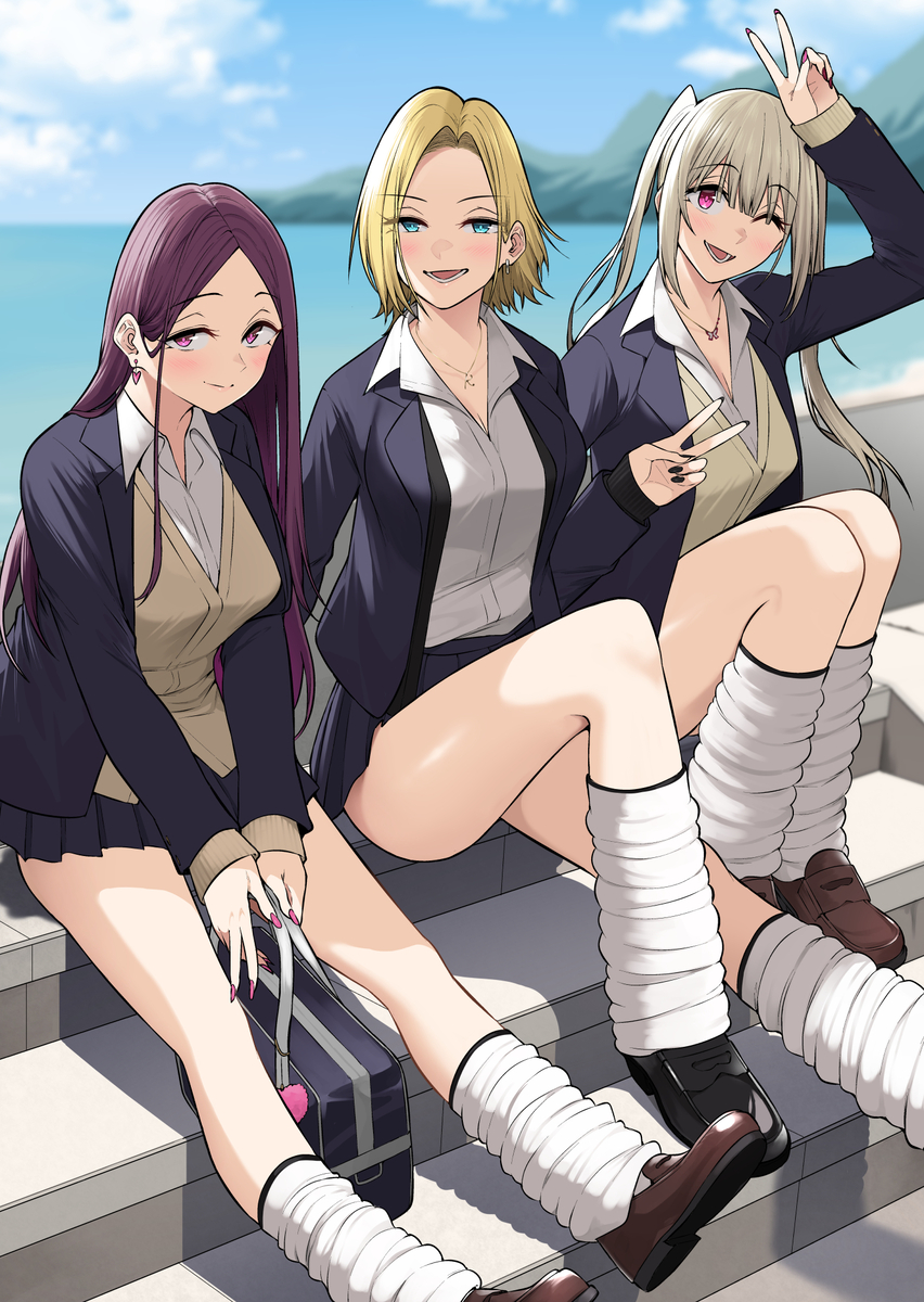 This is a pixiv picture whose title is 海辺の３ギャル.
