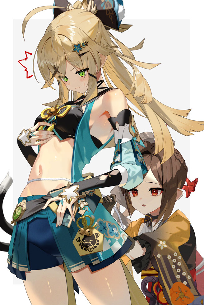 This is a pixiv picture whose title is 千織「もしかして…太った？」.