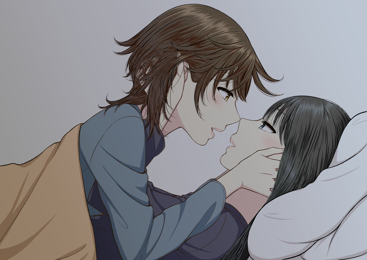 This is a pixiv picture whose title is 【創作百合】寝る前にイチャイチャ♡.