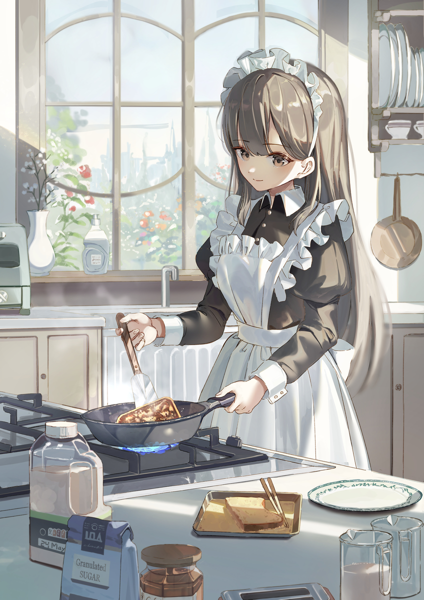 This is a pixiv picture whose title is 朝食を作るメイドさん🍞.