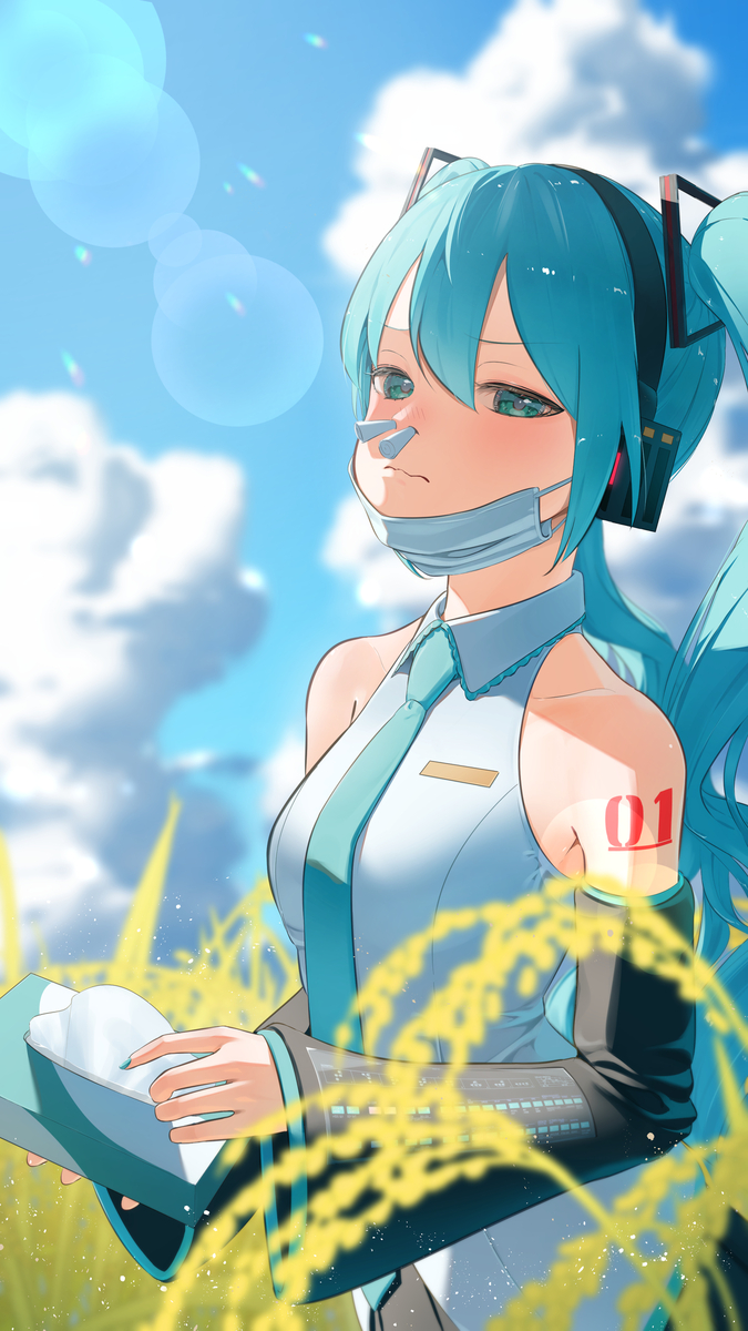 This is a pixiv picture whose title is 花粉で鼻パンパンの初音ミク.