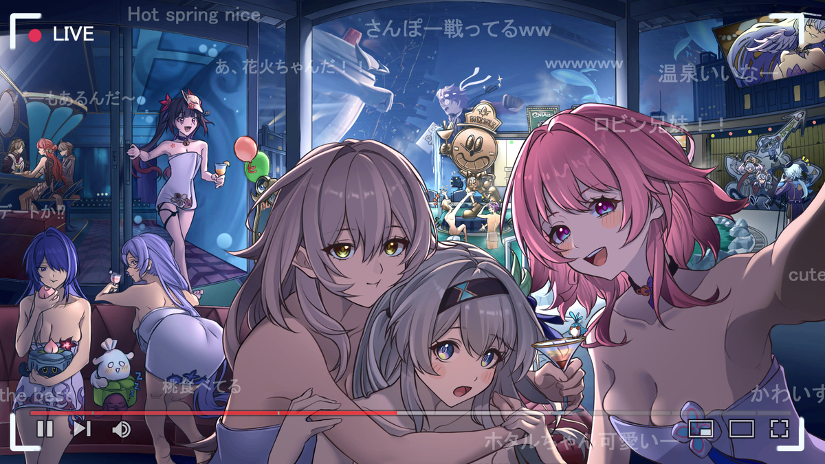 This is a pixiv picture whose title is 【夢のピノコ二ー温泉】ライブ配信風.