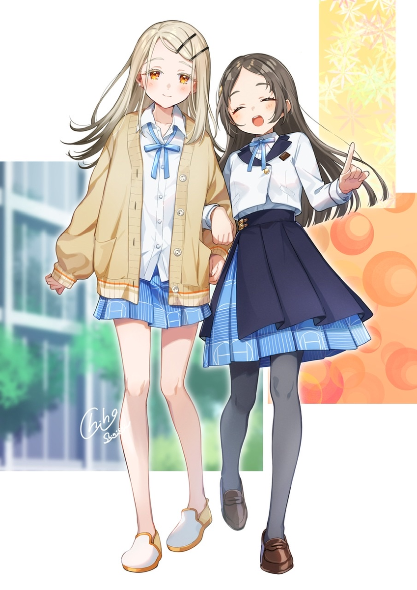This is a pixiv picture whose title is 私服派の2人が制服通学したら.