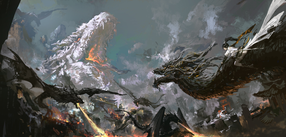 This is a pixiv picture whose title is 【板绘】双龙对决~当东方传统“神兽”遇上西方“巨龙”.