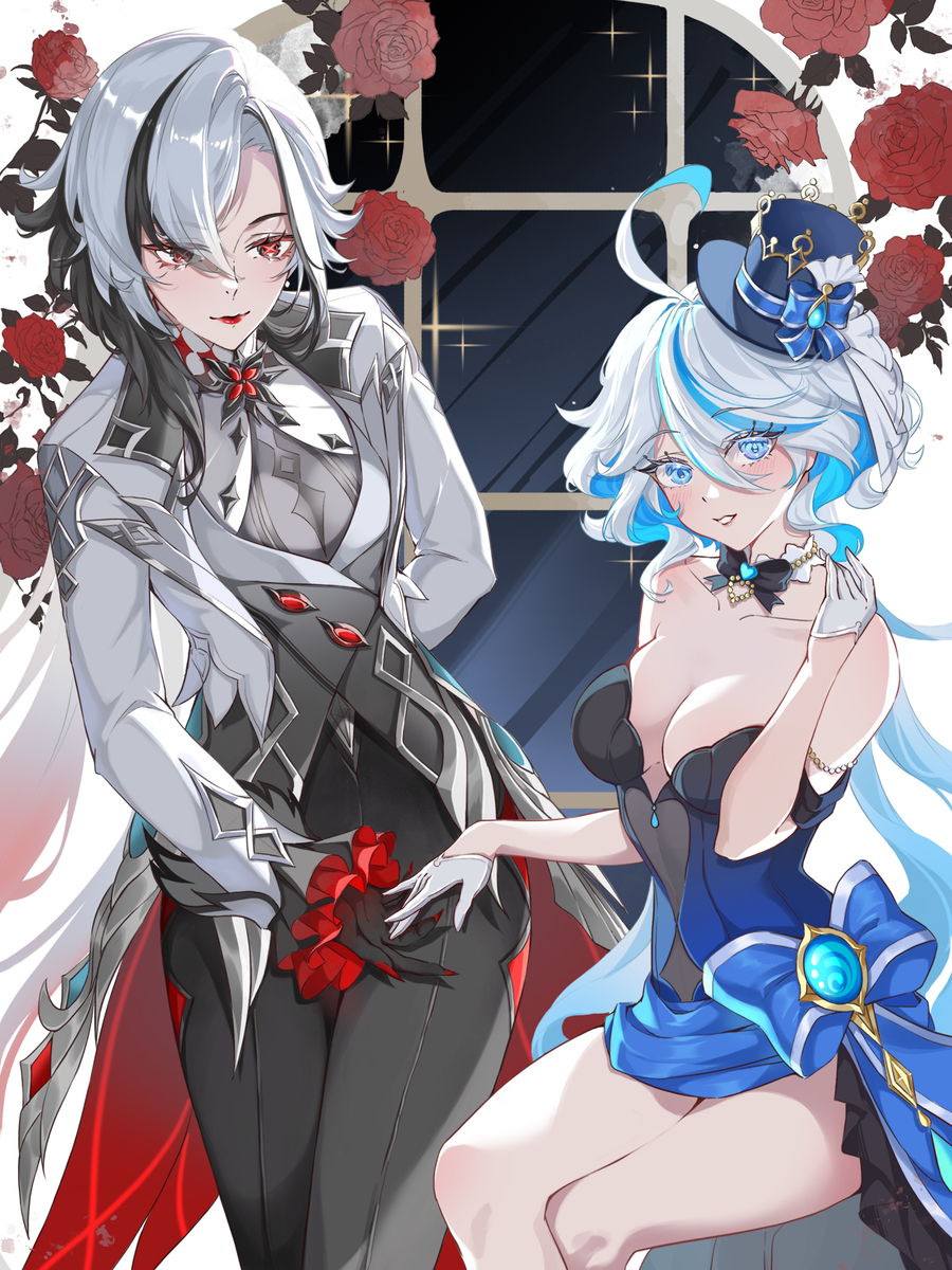 This is a pixiv picture whose title is Arlecchino x Furina.