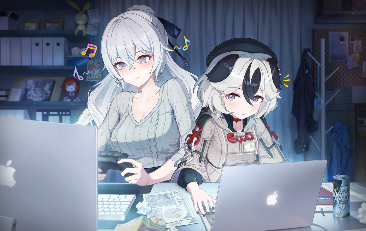 This is a pixiv picture whose title is コラリー&ブローニャ🖤🤍🎮💻.