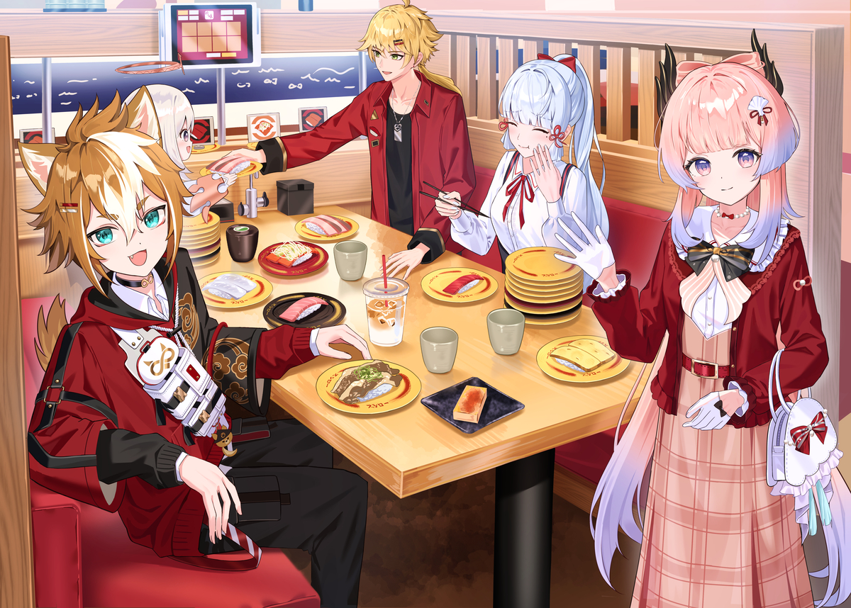 This is a pixiv picture whose title is スシロー原神コラボ！.
