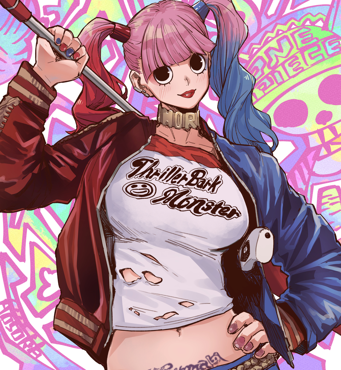 This is a pixiv picture whose title is Perona×Harley Quinn.
