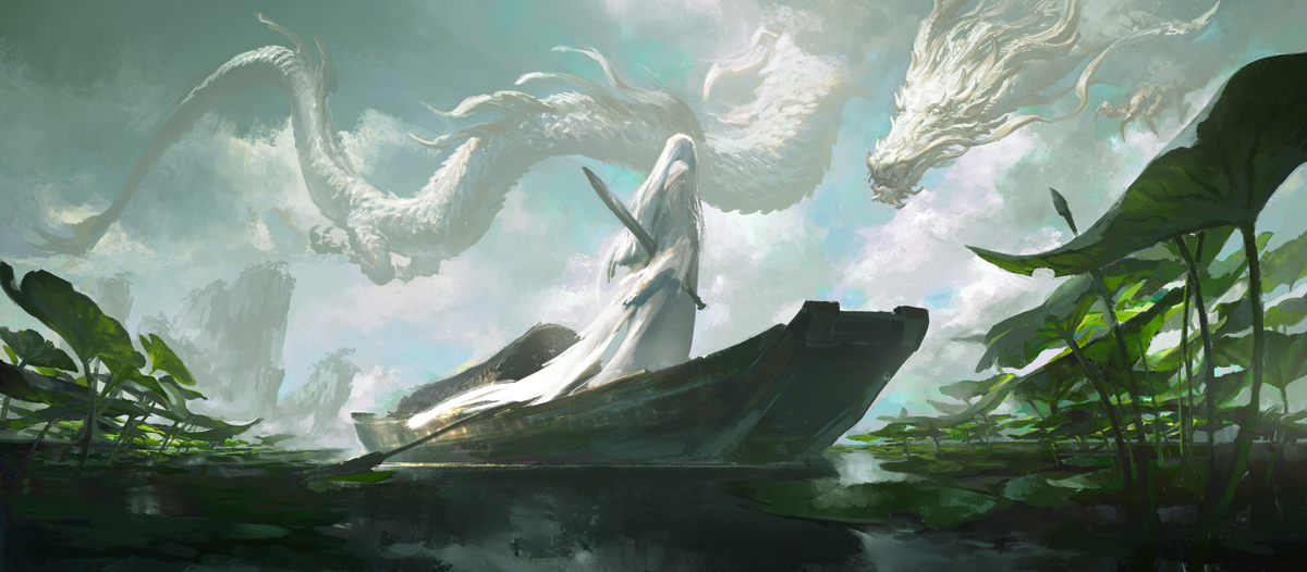This is a pixiv picture whose title is 【板绘】虽迟但到的端午贺图 “汨罗腾龙起，思古绘屈原”.