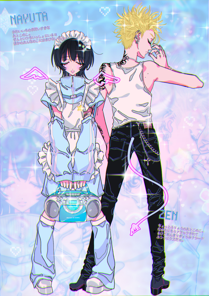 This is a pixiv picture whose title is 🦄✨𝓐𝓷𝓰𝓮𝓵 & 𝓓𝓮𝓶𝓸𝓷💀🕷.