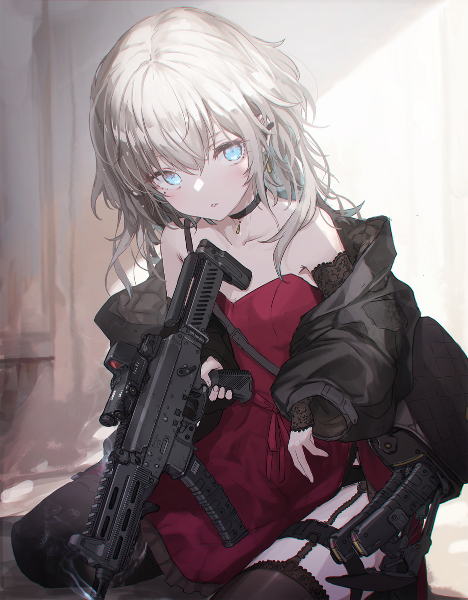 This is a pixiv picture whose title is パーティドレスと短機関銃.