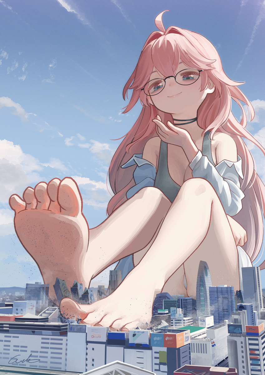 This is a pixiv picture whose title is 街を踏む巨大娘.