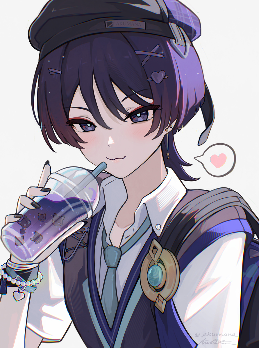 This is a pixiv picture whose title is pretty boi at the cafe uwu.